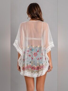 Amiani Swim Boho Cover Up One Size Fits All White With Floral Embroidery